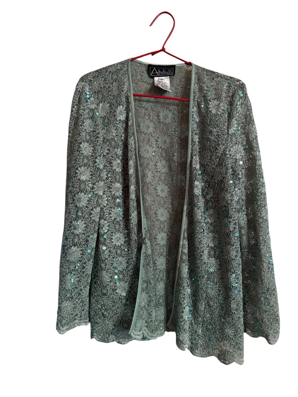 Alex Evenings Sage Green Sequin Lace Open Jacket Size Medium
